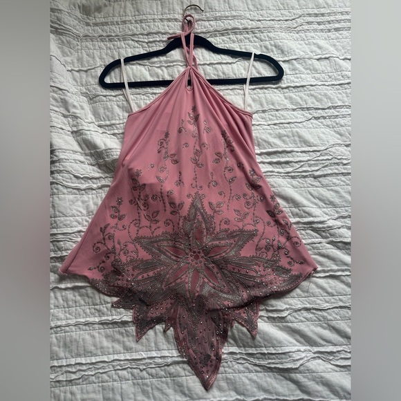 Pink Y2K Mcbling Tabom Halter Top with silver Floral Design - Picture 6 of 9